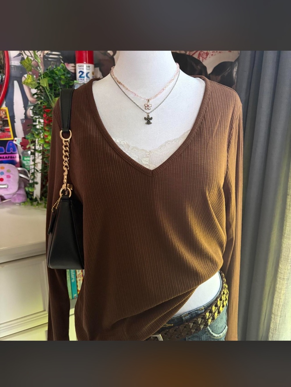 Old Navy Brown Ribbed V-Neck Long-Sleeve Top